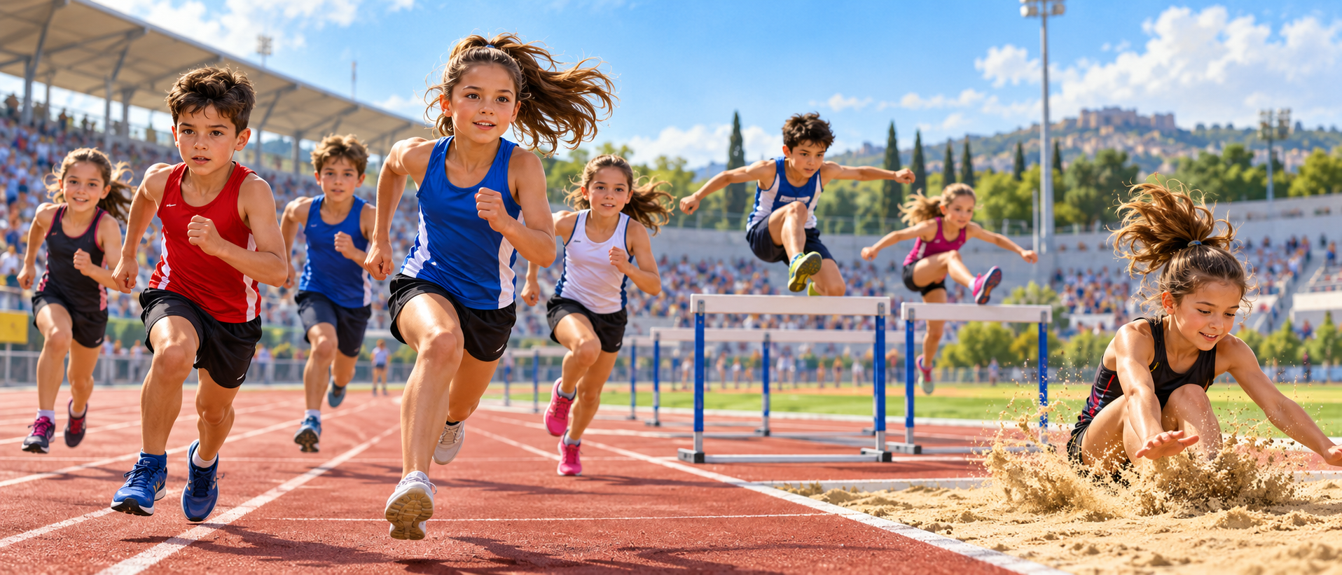 Νεαροί αθλητές Κ10, Κ12 και Κ14 σε αγωνίσματα δρόμων ταχύτητας, εμποδίων και άλματος εις μήκος